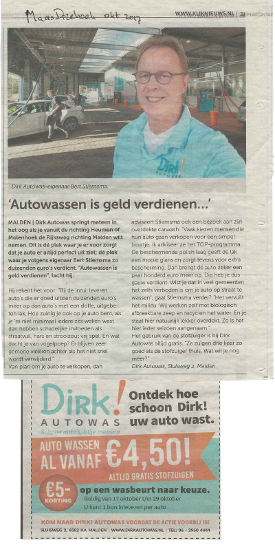 Dirk Autowas krantenbericht MaasDriehoek oktober 2017